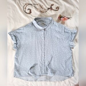 JACHS Linen Girlfriend Pale Blue and White Polka Dot Tie-Up Shirt